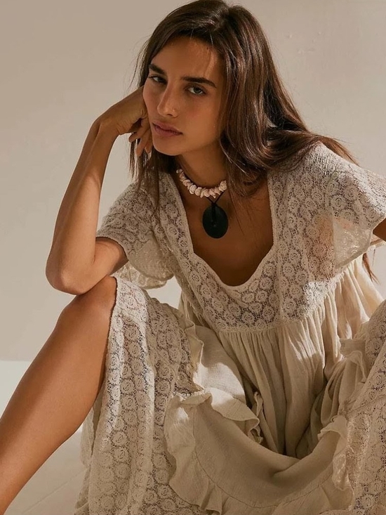Free People Dresses & Skirts - Free People Bring the Romance Midi Bohemian Lace-Inset Maxi Dress in Neutral